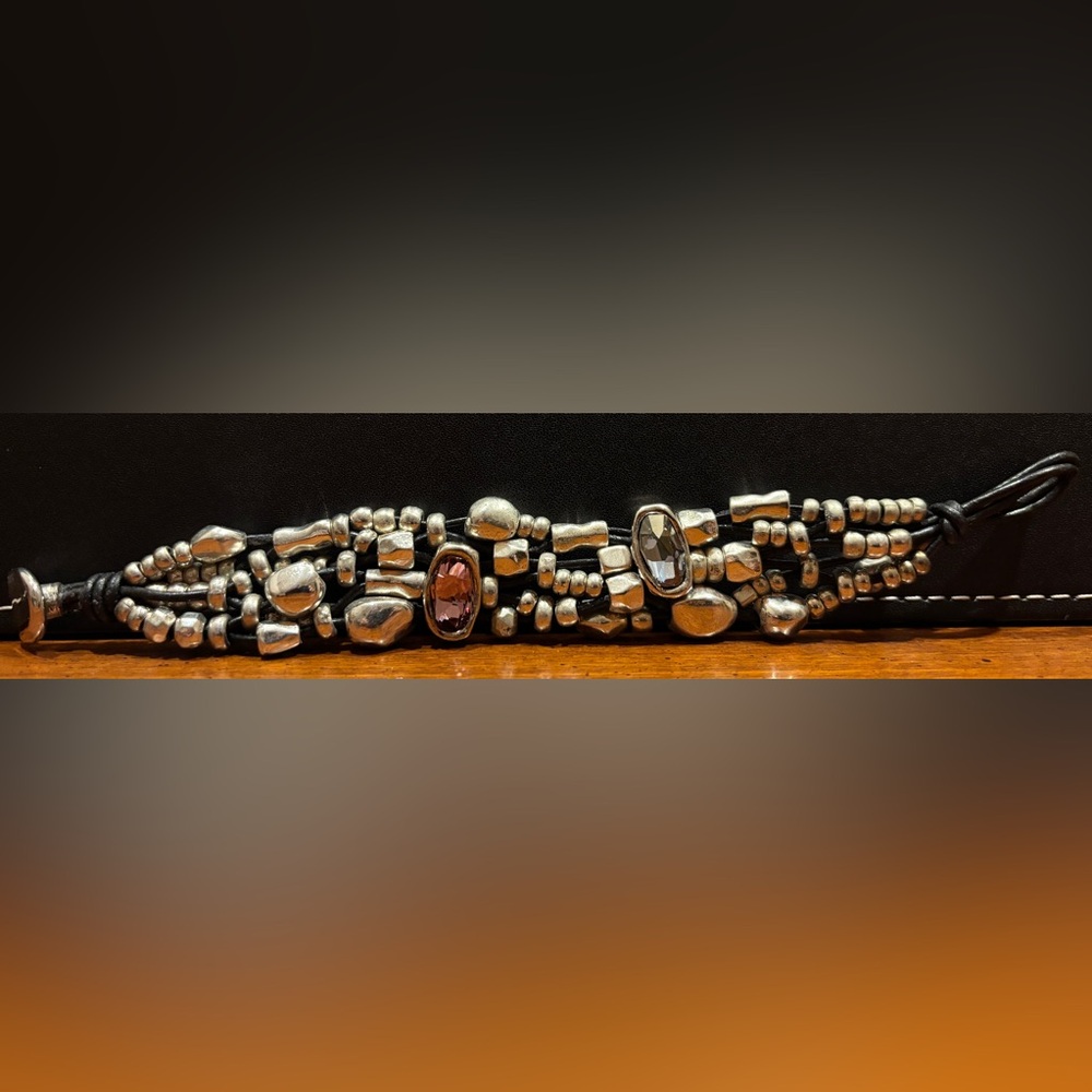 Uno de 50 Silver Beaded Bracelet with colored crystals & Black Cord